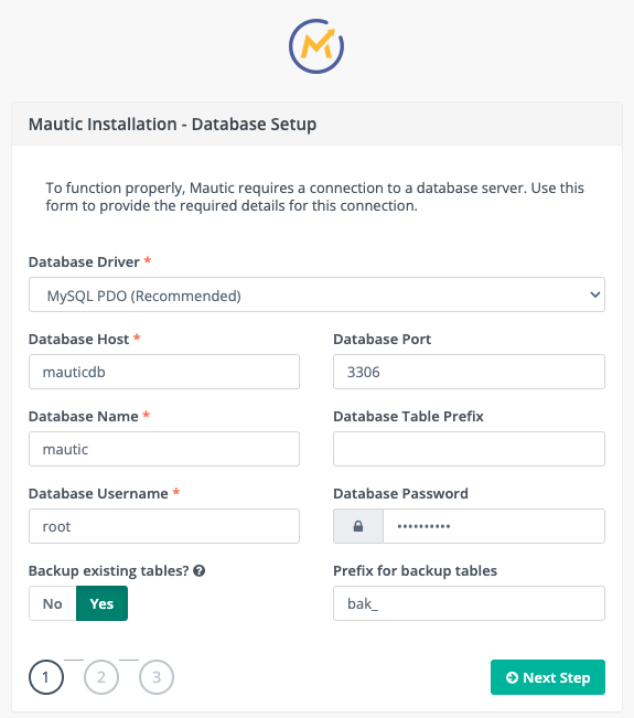 Mautic database settings